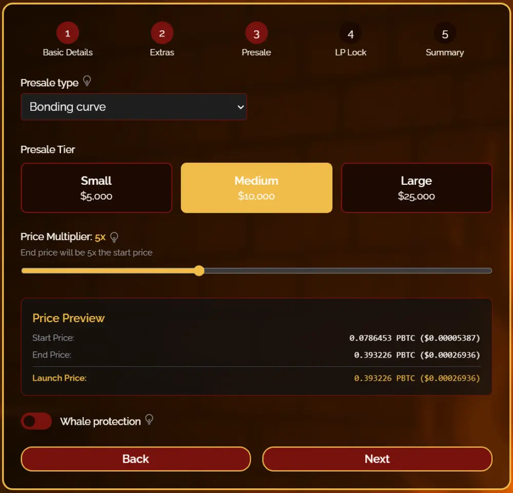 Token Creation Wizard Step 3 bonding curve presale