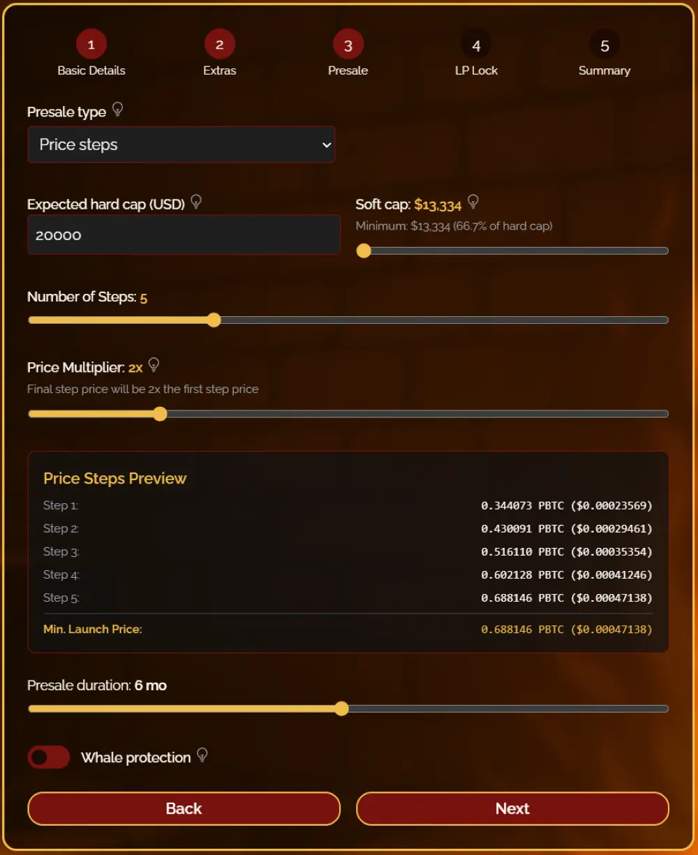 Token Creation Wizard Step 3 price steps presale