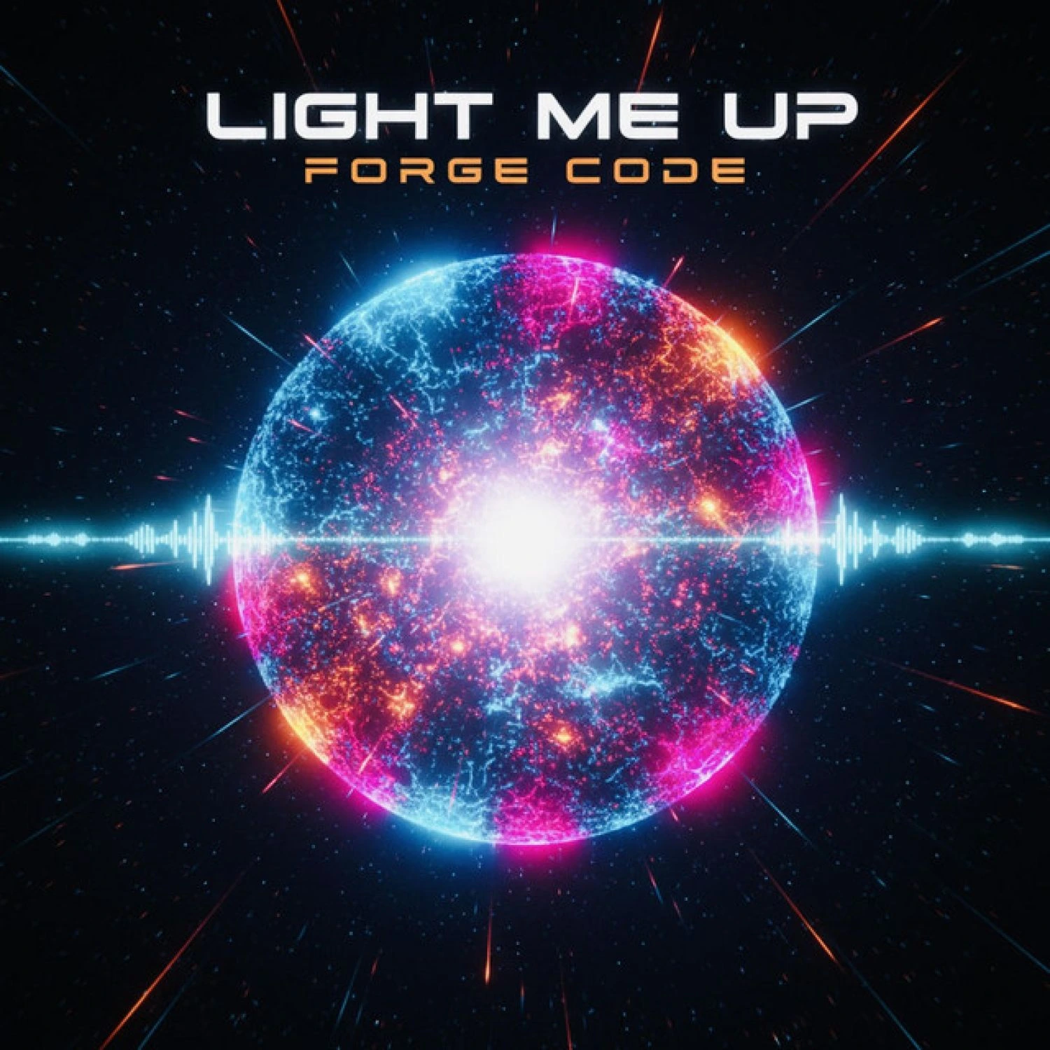 Album cover for Light Me Up (Forge Code), featuring a glowing futuristic planet with audio waveform elements representing Aibotzilla's music-driven token ecosystem.